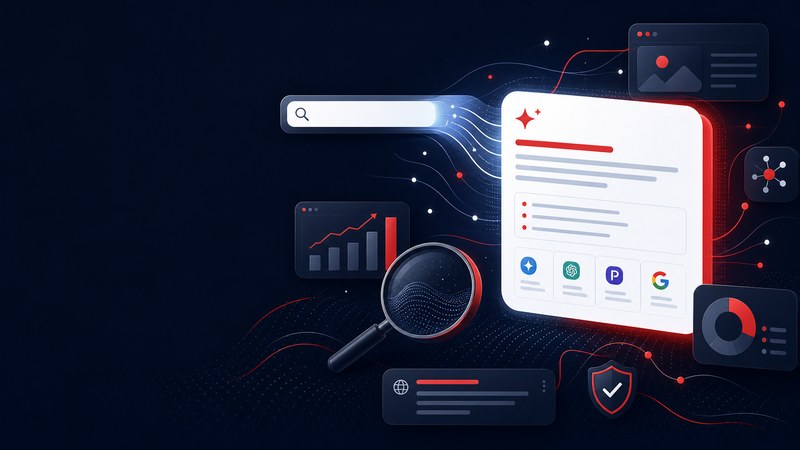 Ilustrație GEO și AI Overviews pentru Generative Engine Optimization
