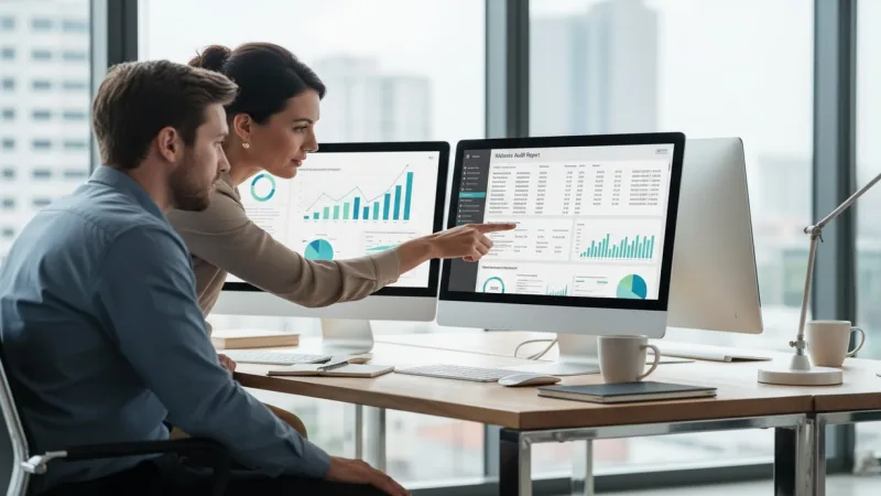 Specialiști care analizează rapoarte de audit SEO și configurația serverului